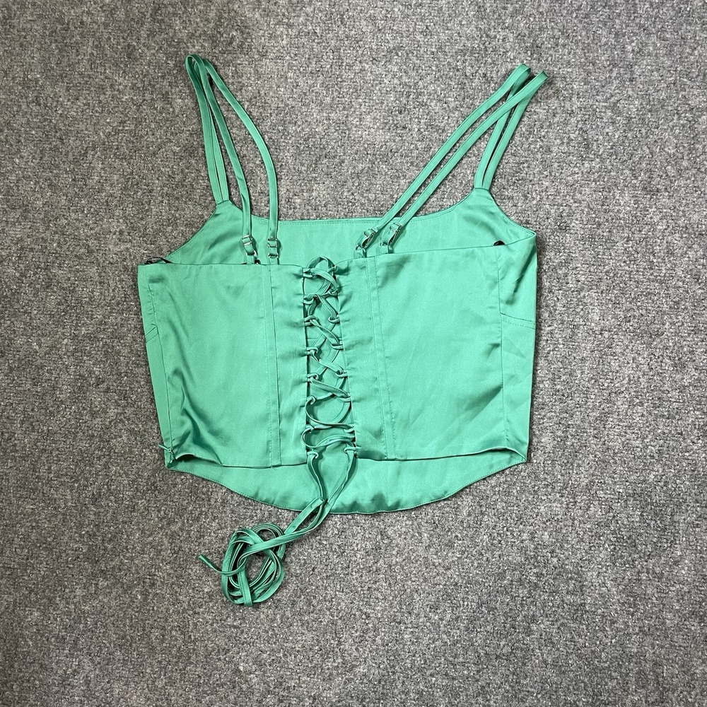 Forever 21 Corset Top Women Large Green Satin Lace Up Baddie Coquette